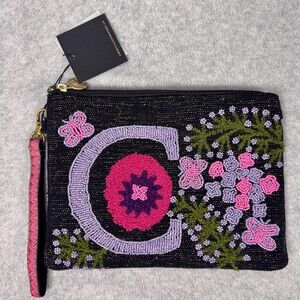 America & Beyond Wristlet Pouch Clutch Womens Small Black Beaded C Zip